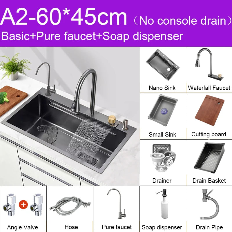 Black Nano Sink Waterfall Faucet Large Bowl Cup