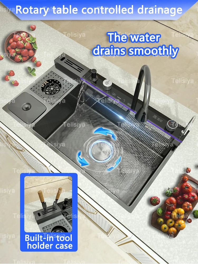 Extra Large Stainless Steel Waterfall Sink Embossed Solt
