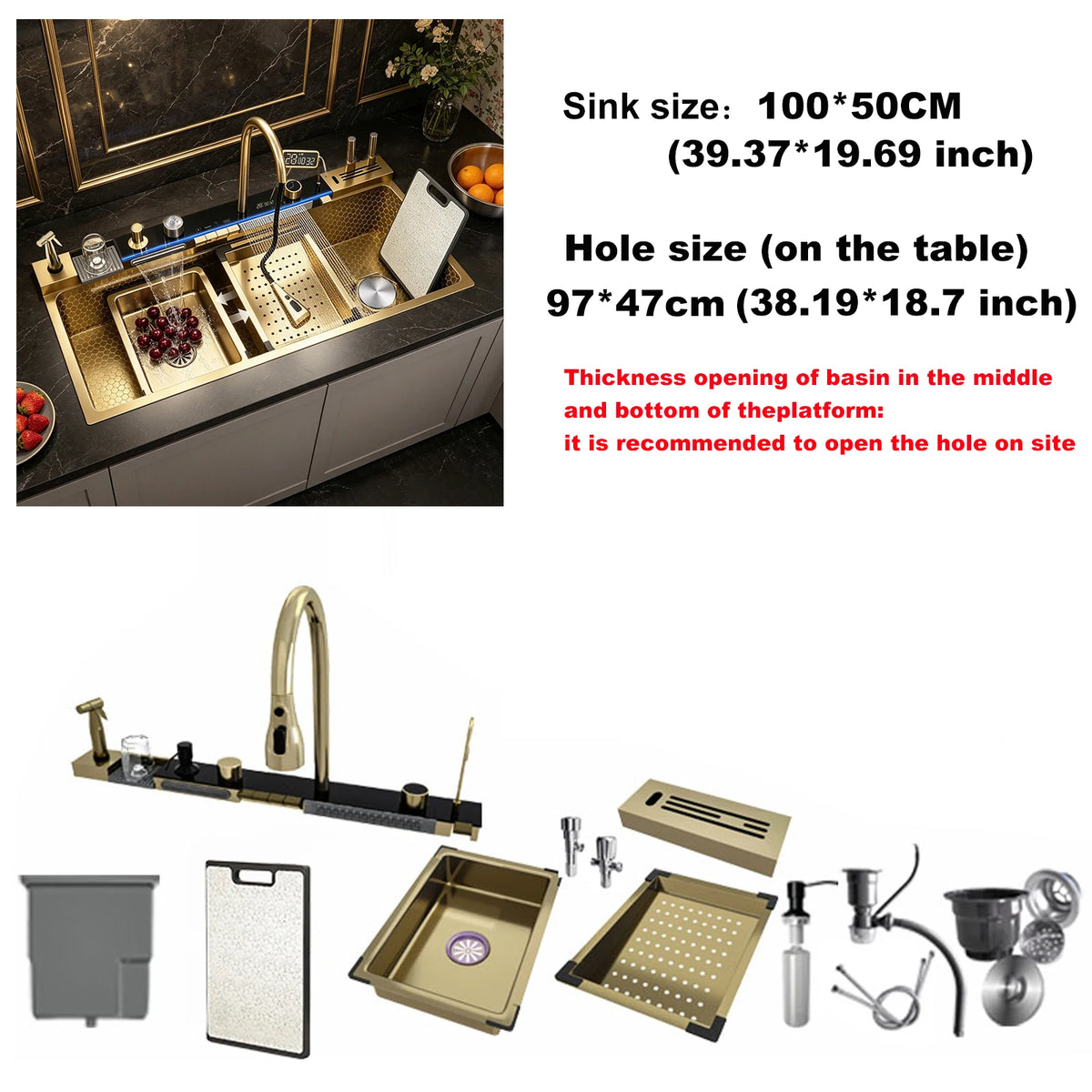 Stainless Steel Sink Large Slot Waterfall Digital Display