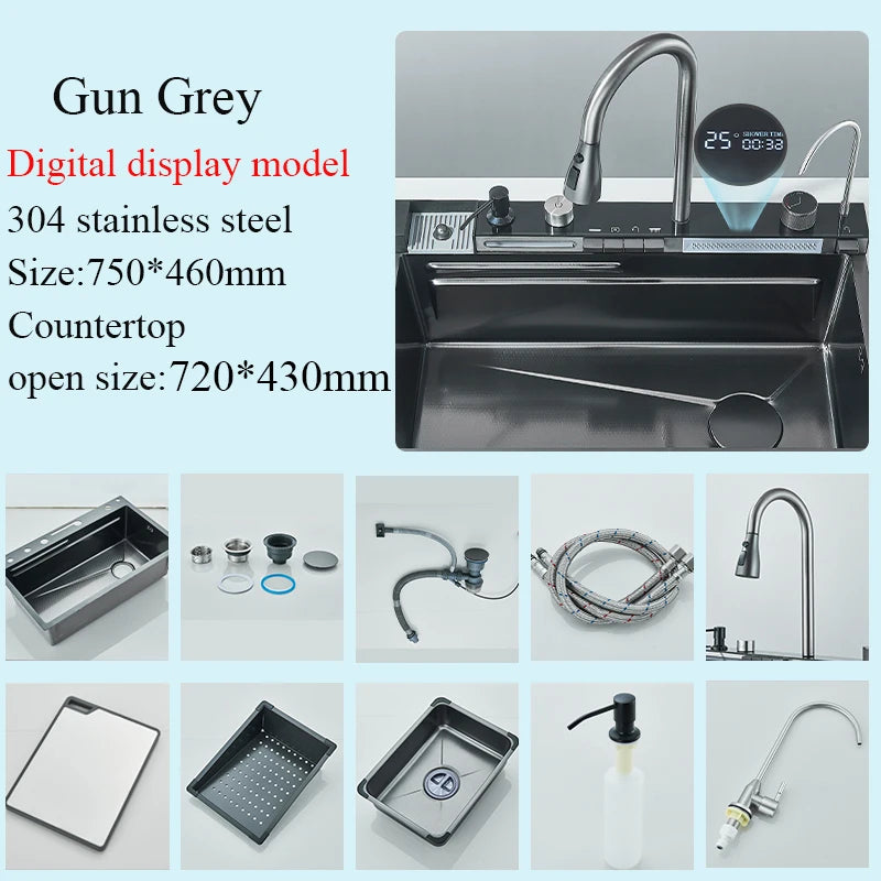 Stainless Steel Waterfall Sink Large Slot Integrated Digital