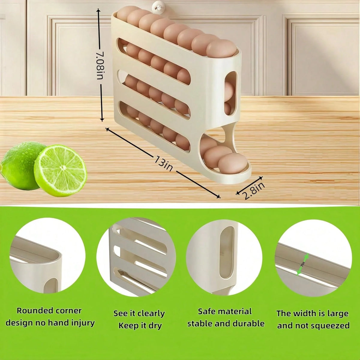 Automatic Rolling Egg Dispenser Organizer Refrigerator 4-Tier