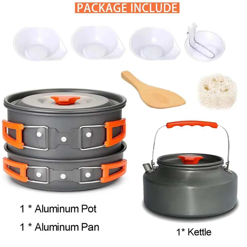 Camping Travel Equipment Tableware Cookware Kit Pots Burner