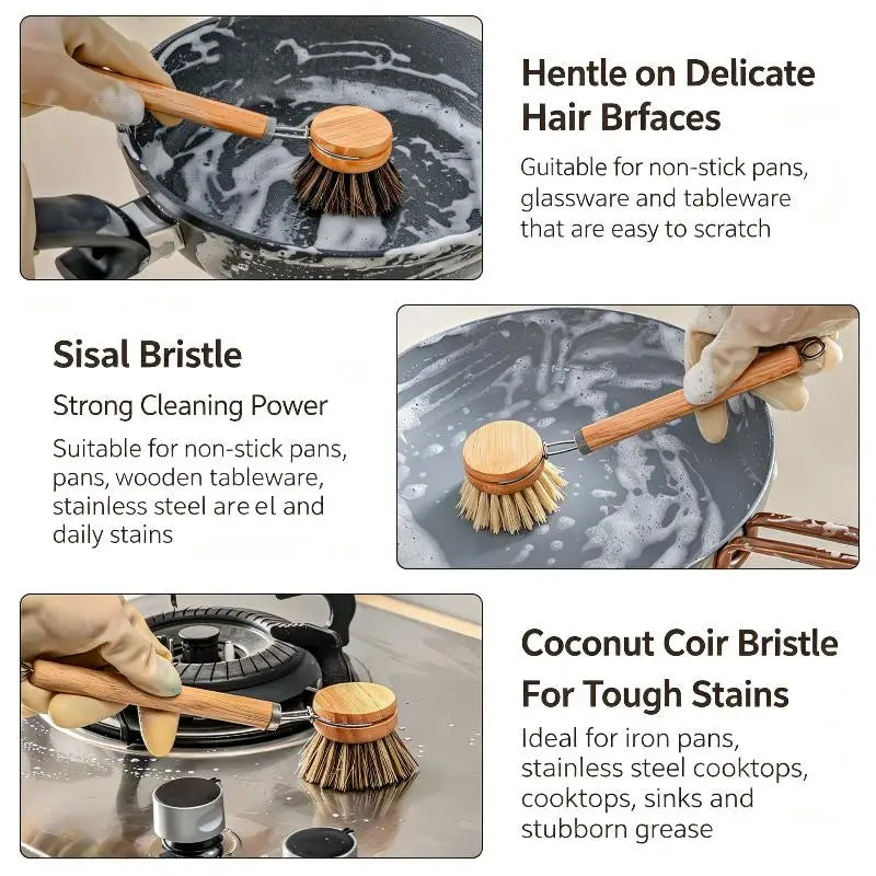 Wooden Handle Dish Brush Replacement Sisal Heads Cleaning
