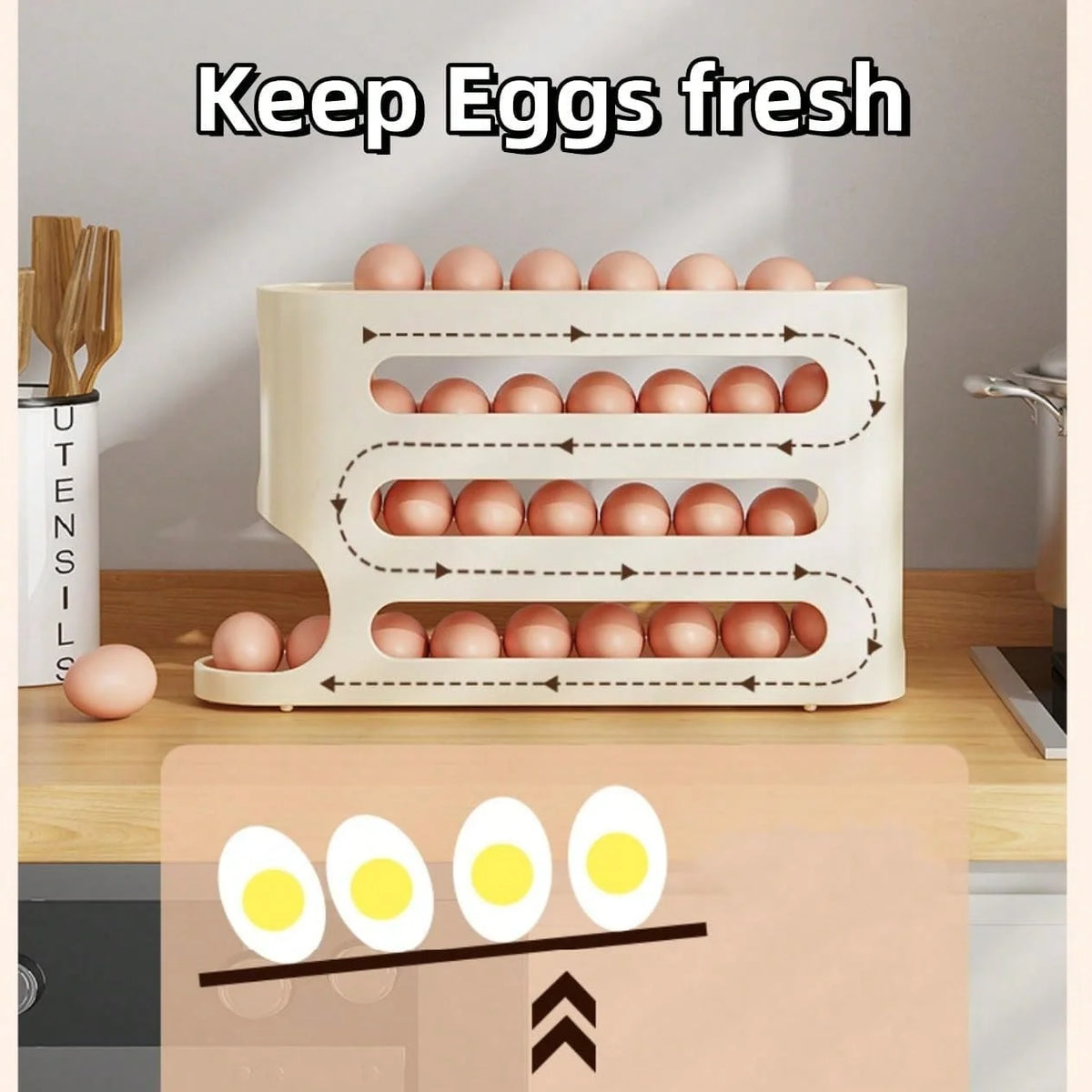 Automatic Rolling Egg Dispenser Organizer Refrigerator 4-Tier