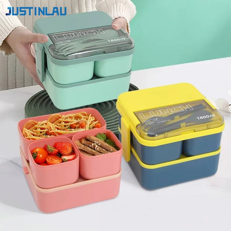 Justinlau 1100/1800ml Layer Compartment Lunch Box Kids Fork
