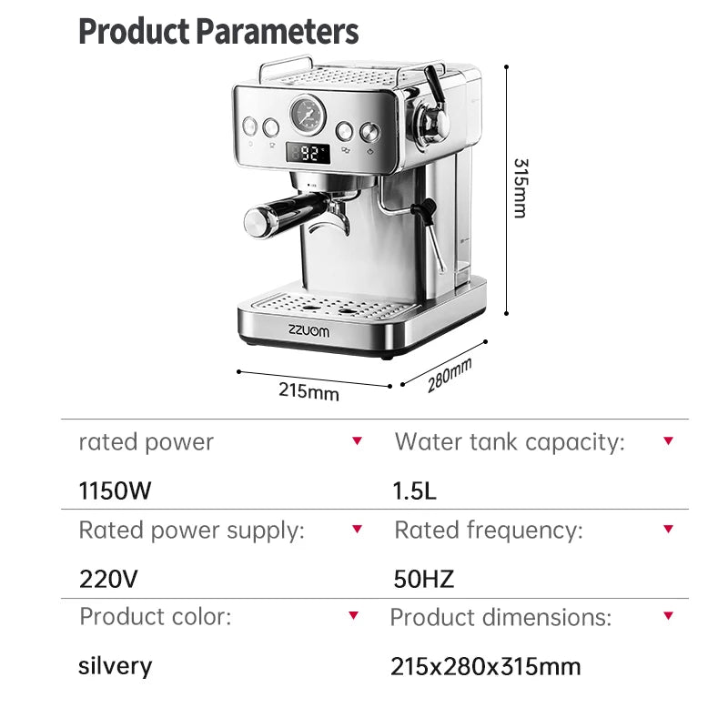 20bar Semi-Automatic Espresso Machine Stainless Steel Casing