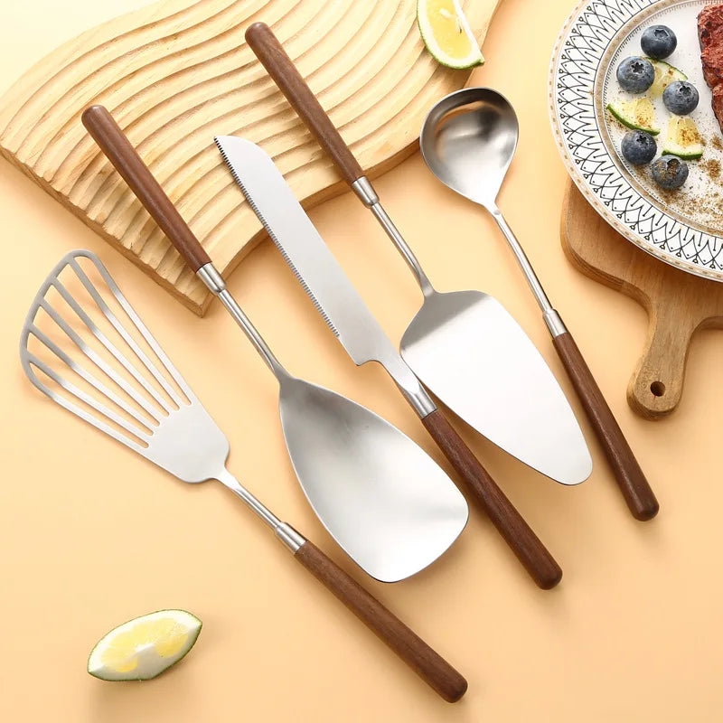 5pcs 304 Stainless Steel Nature Wood Kitchenware Cooking