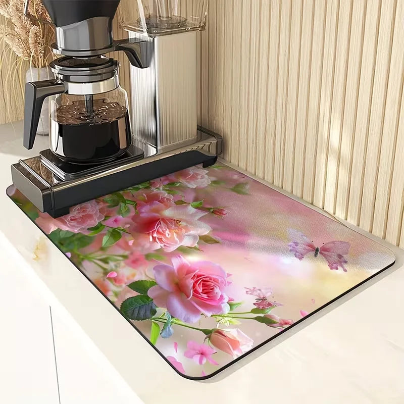 Romantic Pink Bow Floral Print Counter Drying Mat