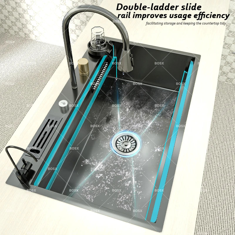 Sink Stainless Steel Large Slot Waterfall Faucet Dishwashing