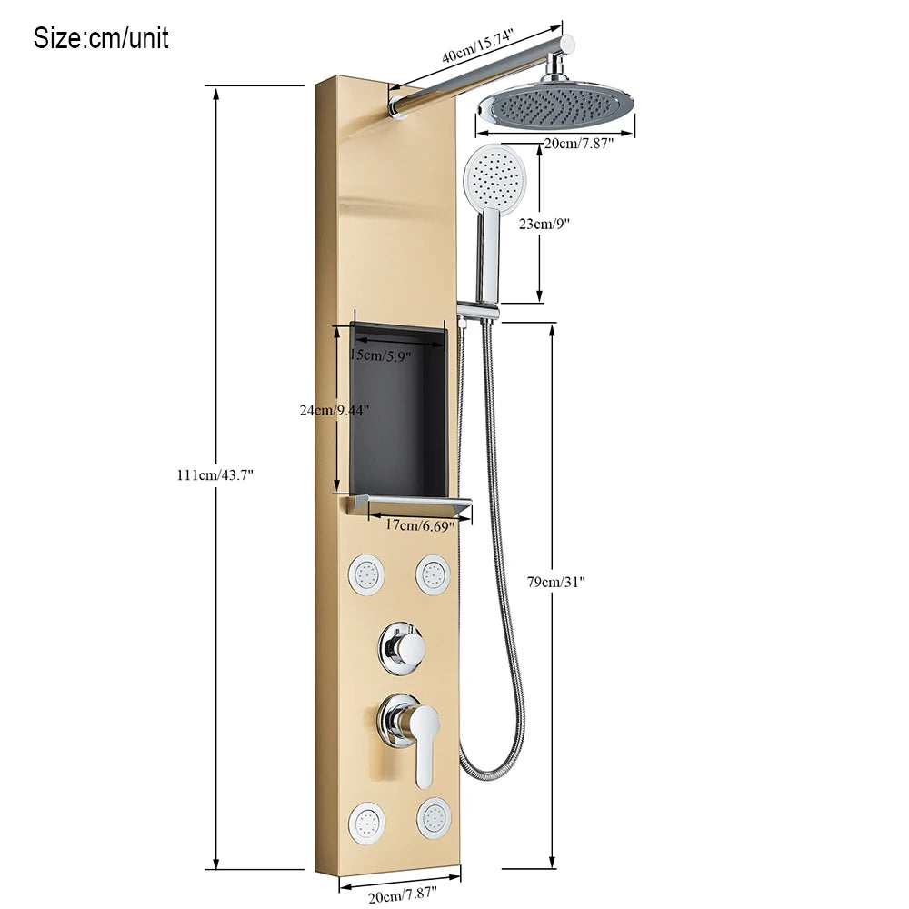 Black Shower Panel Storage Rack Rainfall Shower Faucet
