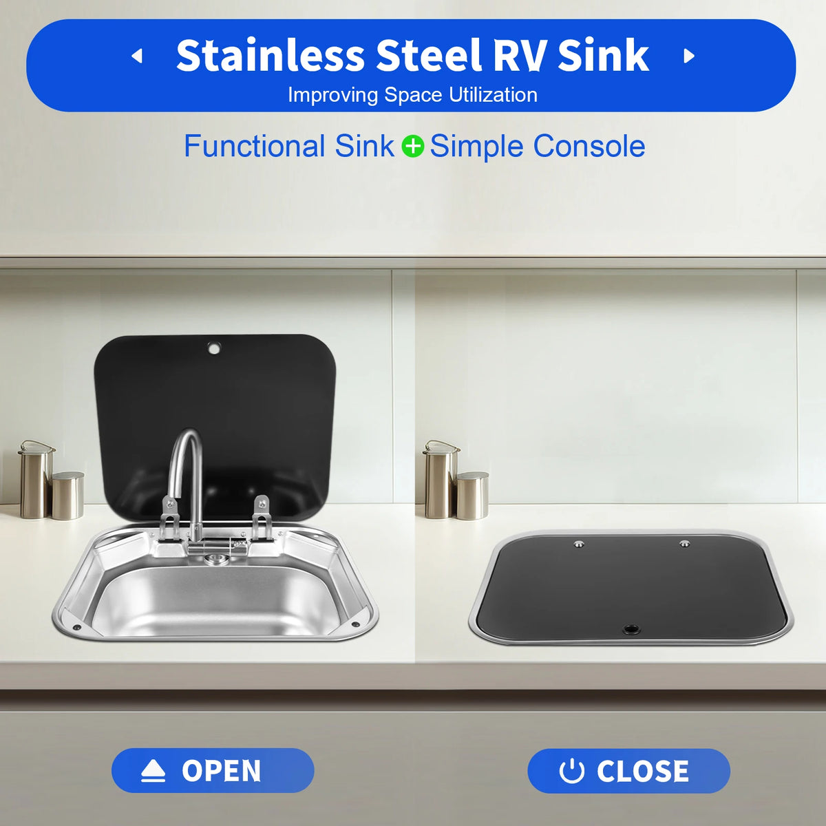 Rv Sink Foldable Tempered Glass Cover&Faucet Stainless Steel