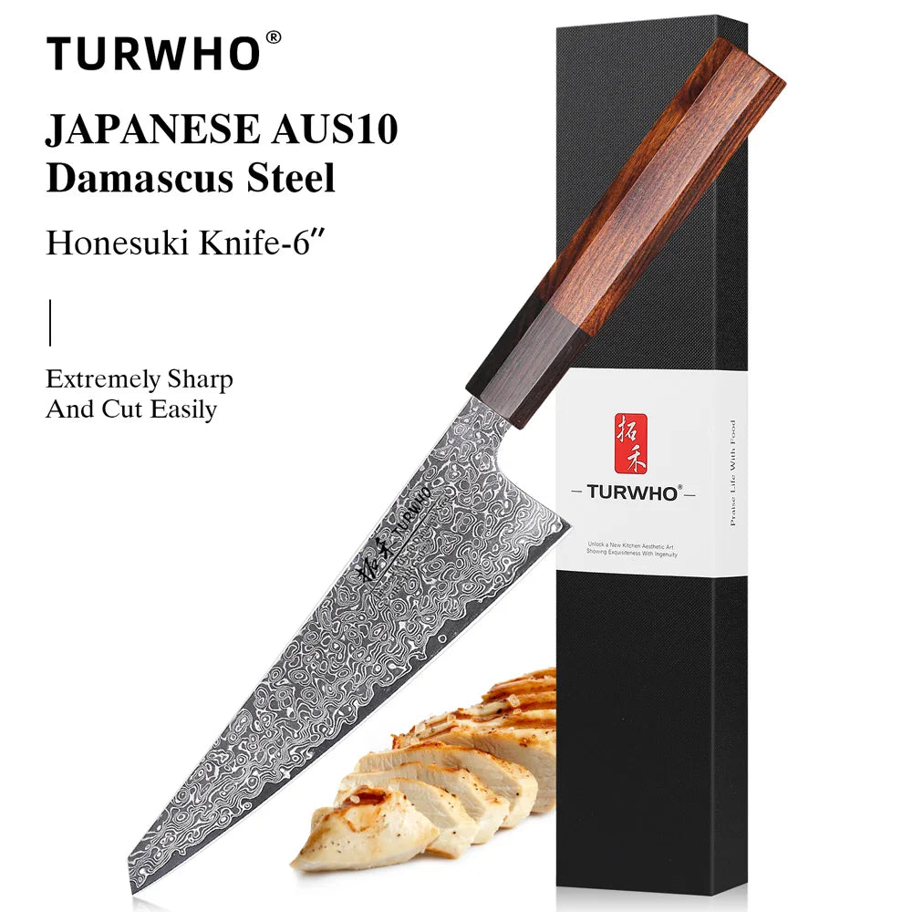 Turwho Japanese Hand Forged Honesuki Chef Knife Damascus