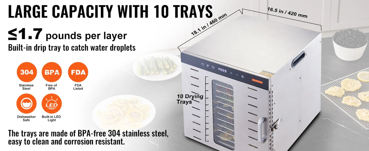 Succebuy Food Dehydrator Machine 10 Stainless Steel Trays