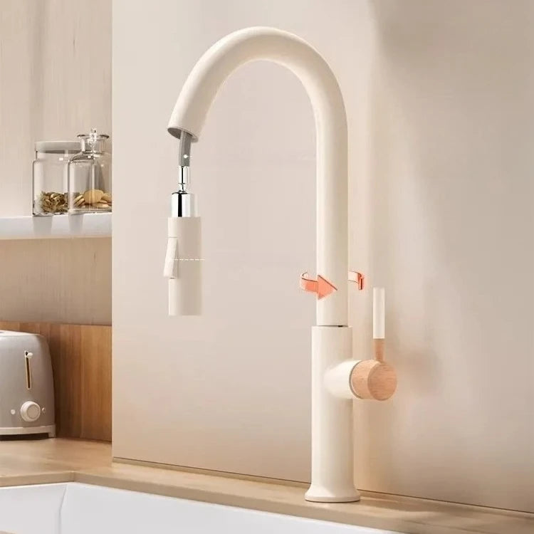 Cream Wooden Handle All Copper Faucet - Pull-Out