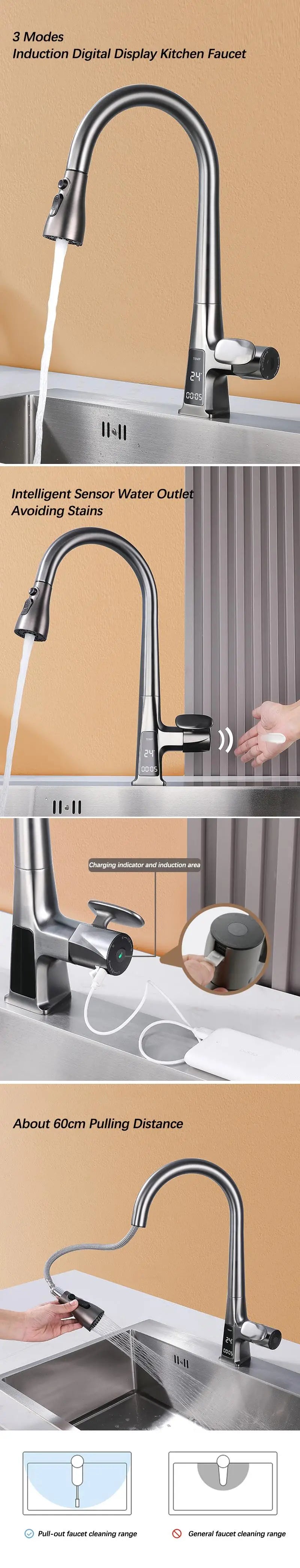 Pull Out Faucet Sensor Touchless Digital Display Water