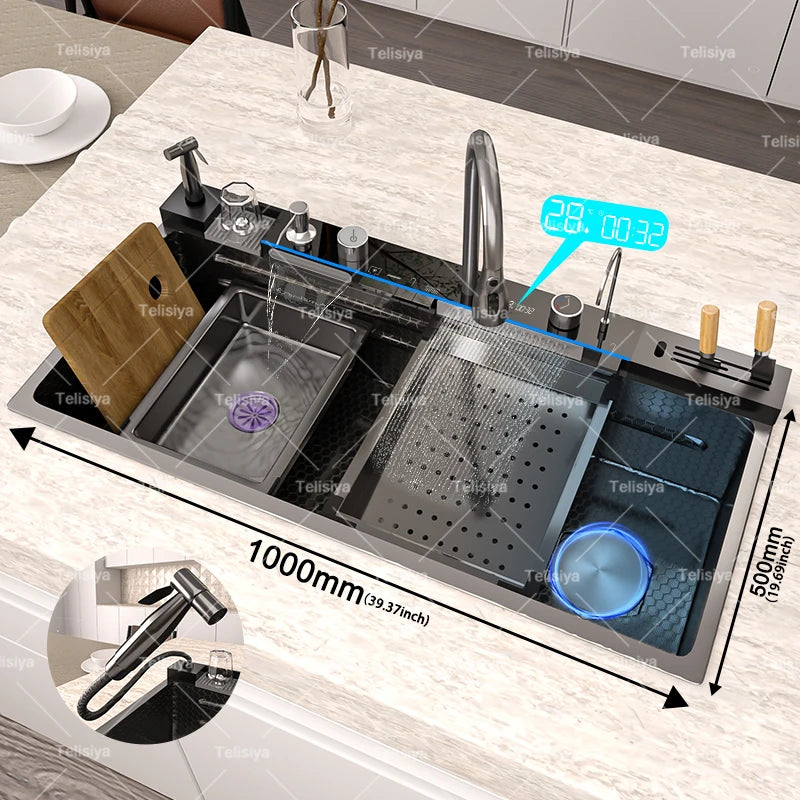 Stainless Steel Sink Digital Display Waterfall Large Slot