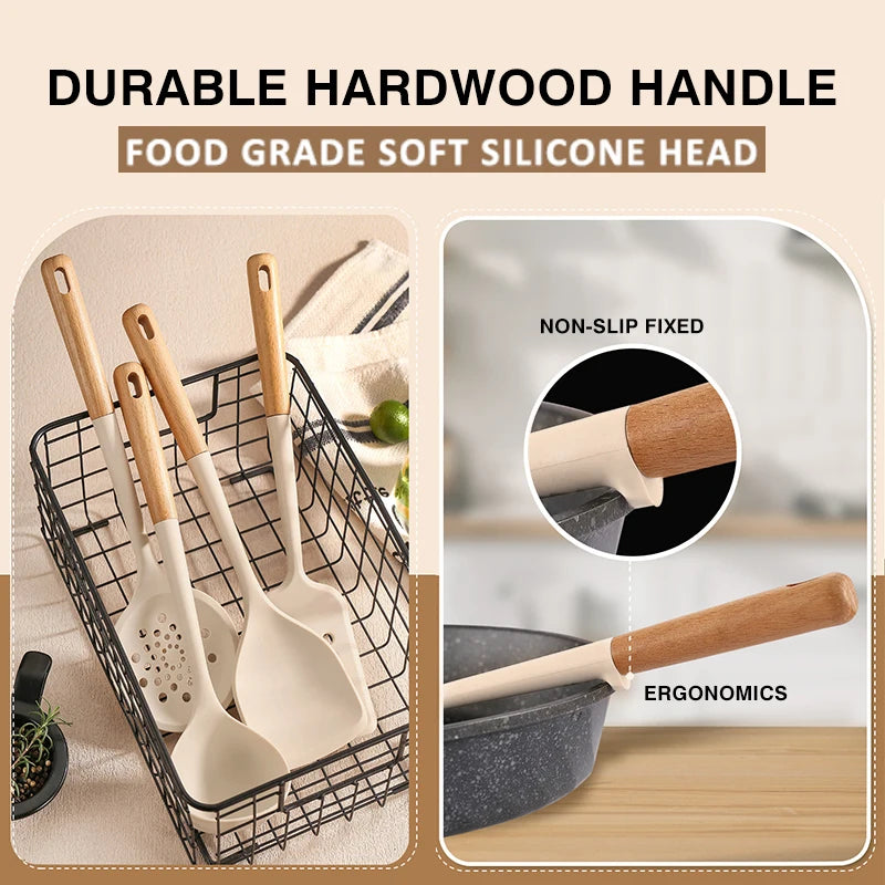 Silicone Cooking Utensils Durable Hardwood Handle Heat Resistant