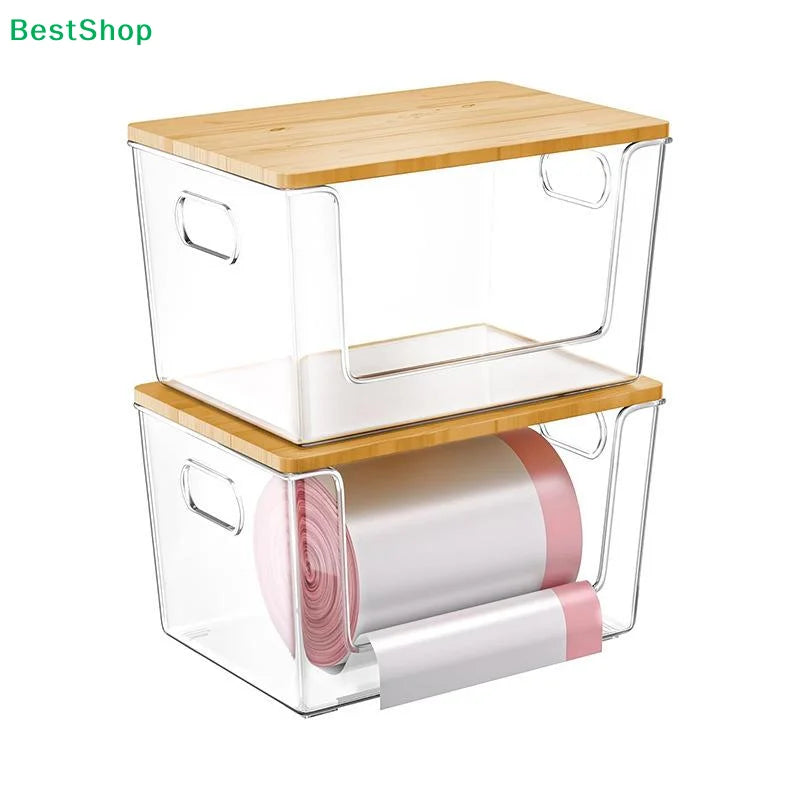 Stackable Pantry Organizers Wooden Lids Storage Clear Bins
