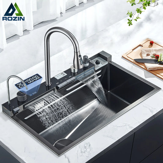 Stainless Steel Sink Faucet Digital Display Large Bowl