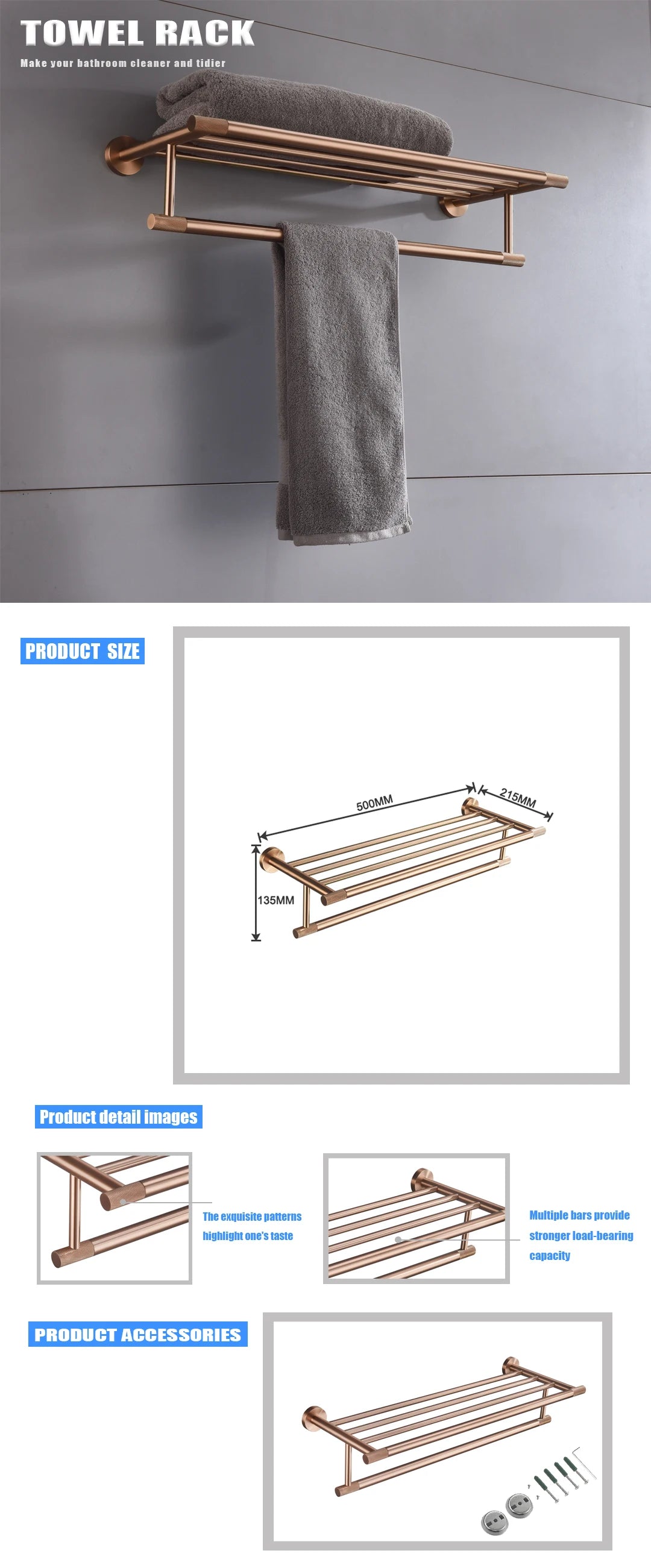 Brushed Rose Gold Stainless Steel Bathroom Hardware Towel