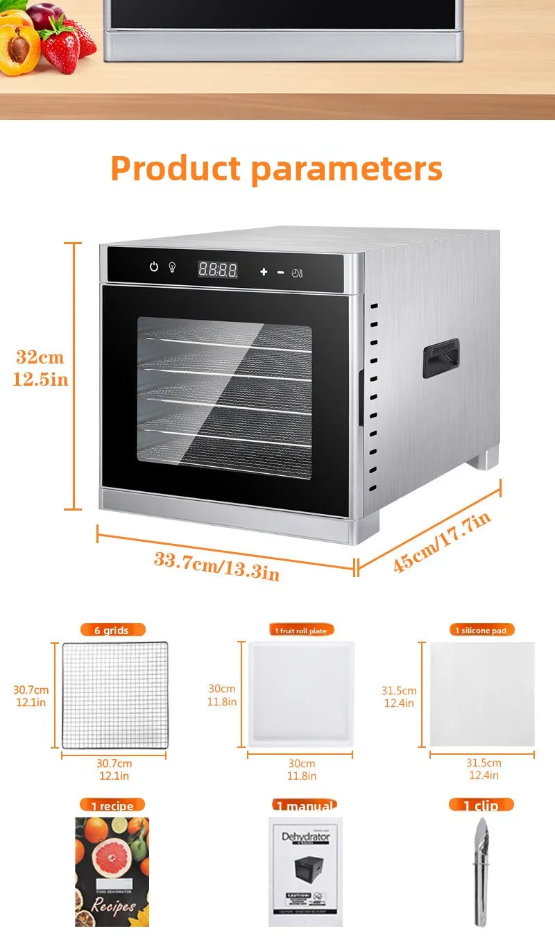 6-Layer Stainless Steel Food Dehydrator Machine Adjustable