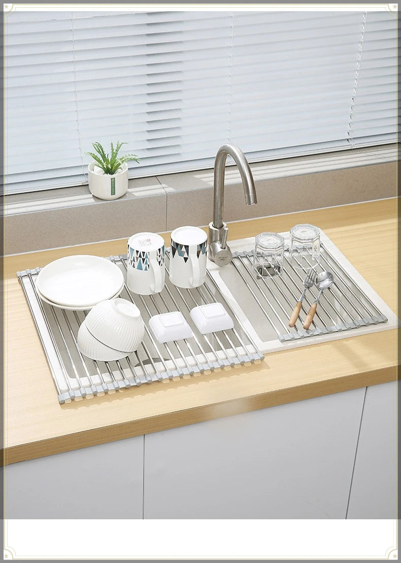 Roll Up Sink Drain Rack Stainless Steel Foldable