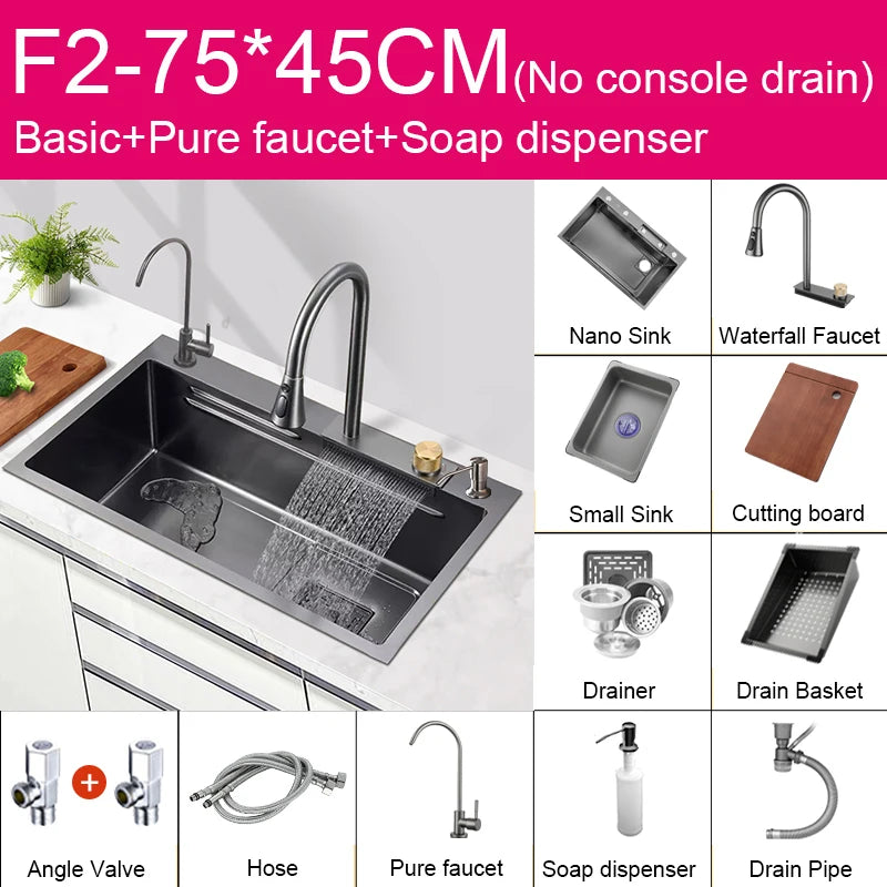 Black Nano Sink Waterfall Faucet Large Bowl Cup