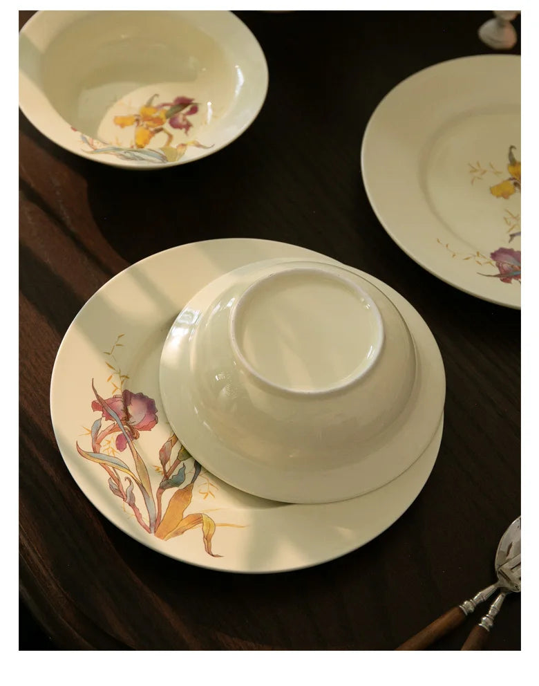 Ceramic Dinner Plate French Iris Dessert Bowl Dishes