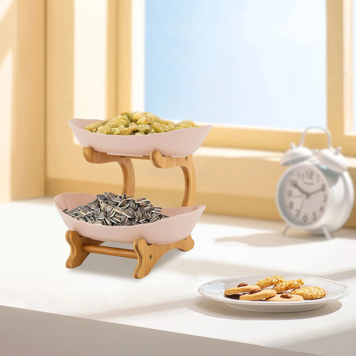 2-Tier Fruit Bowl Bamboo Fruit Basket Stand Food-Grade
