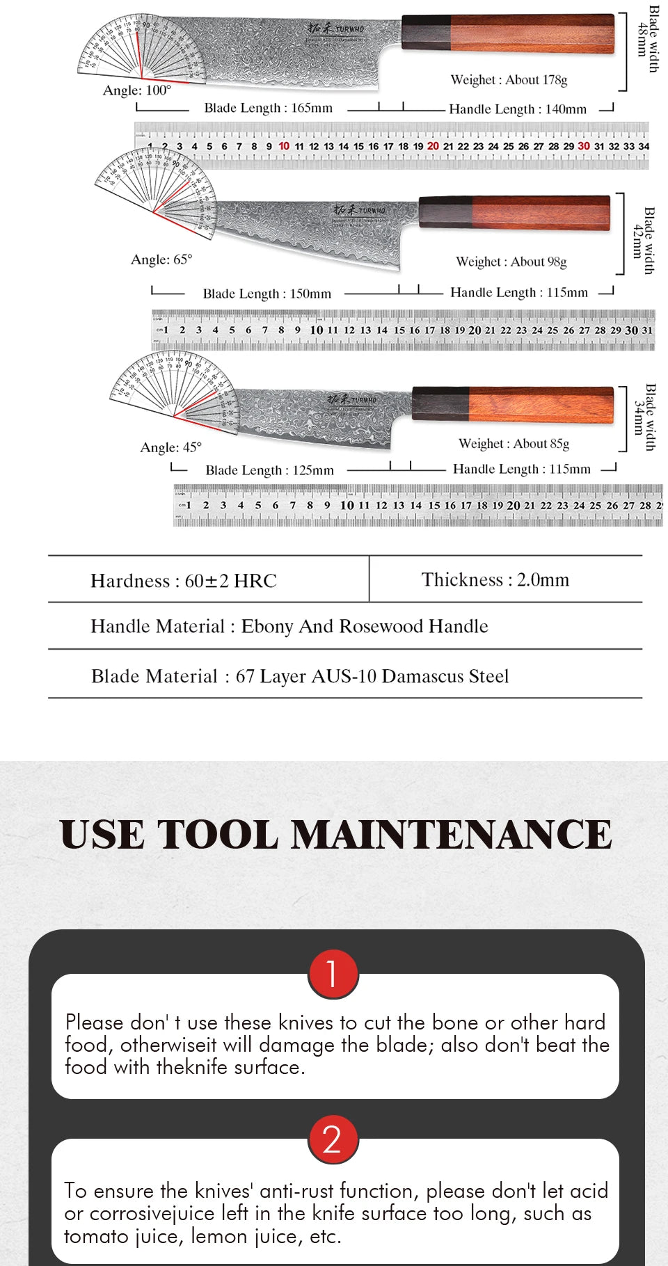 Turwho Hand Forged Japanese Chef Knife Damascus Steel