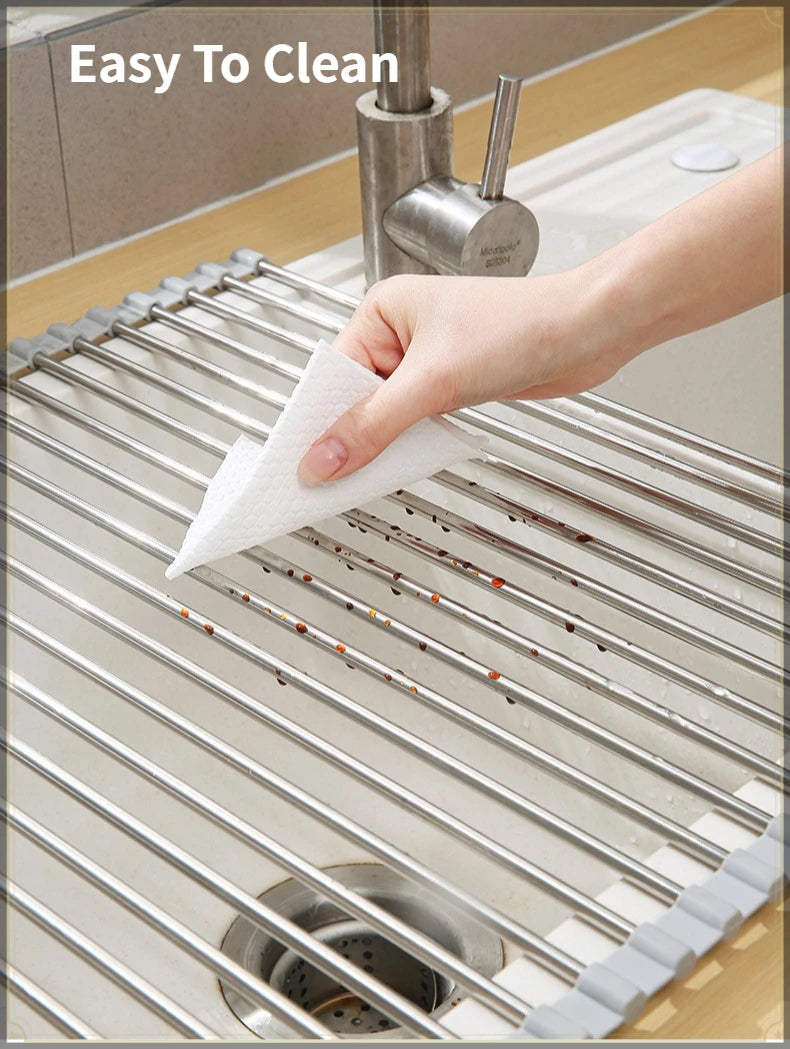 Roll Up Sink Drain Rack Stainless Steel Foldable