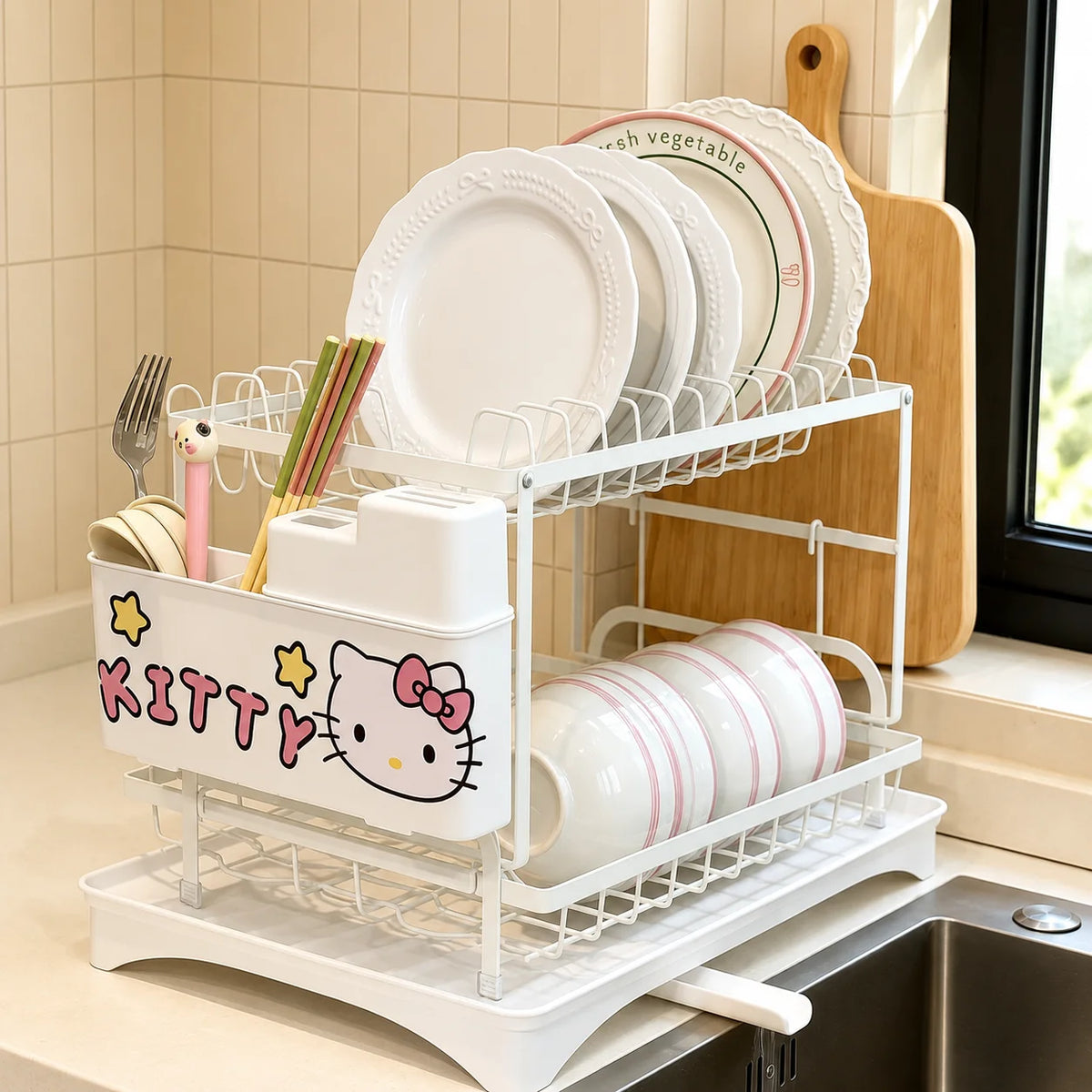 Cute Hello Kitty 2-Tier Dish Drying Rack Drain