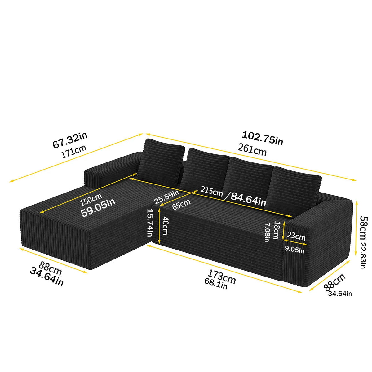Modular Sofa Chaise Longue Soft Corduroy Fabric High-Density