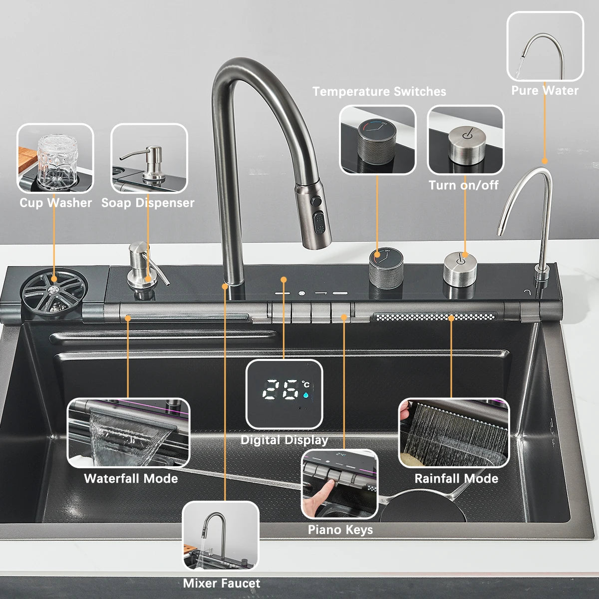 Stainless Steel Waterfall Sink Digital Display Large Sink