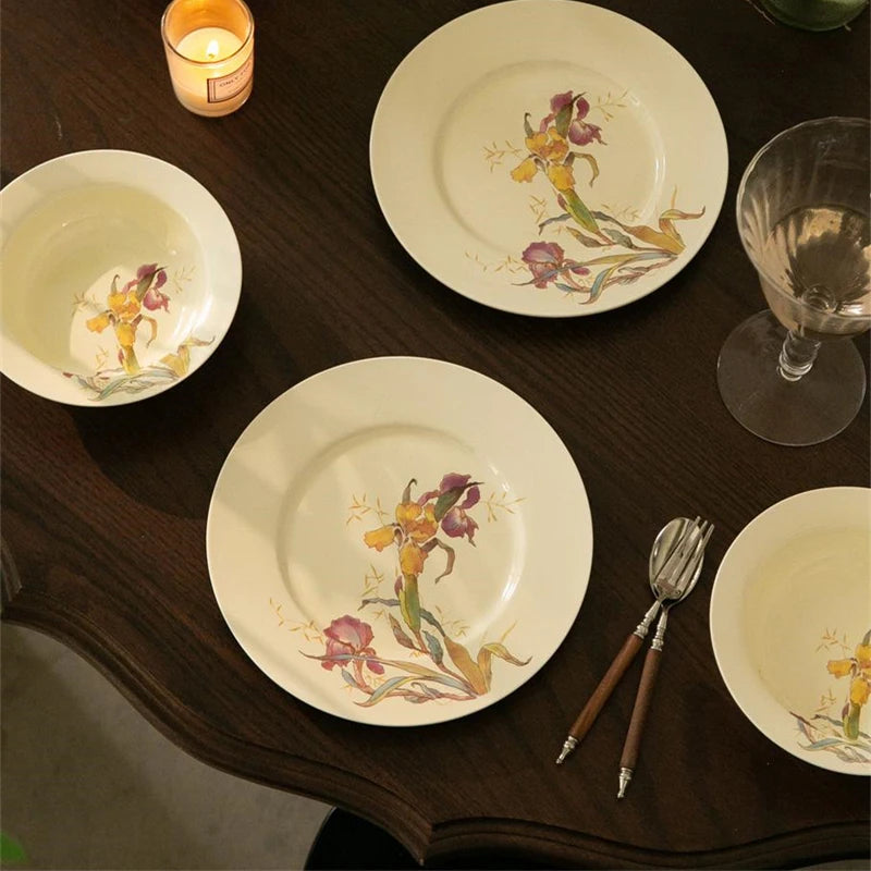 Ceramic Dinner Plate French Iris Dessert Bowl Dishes