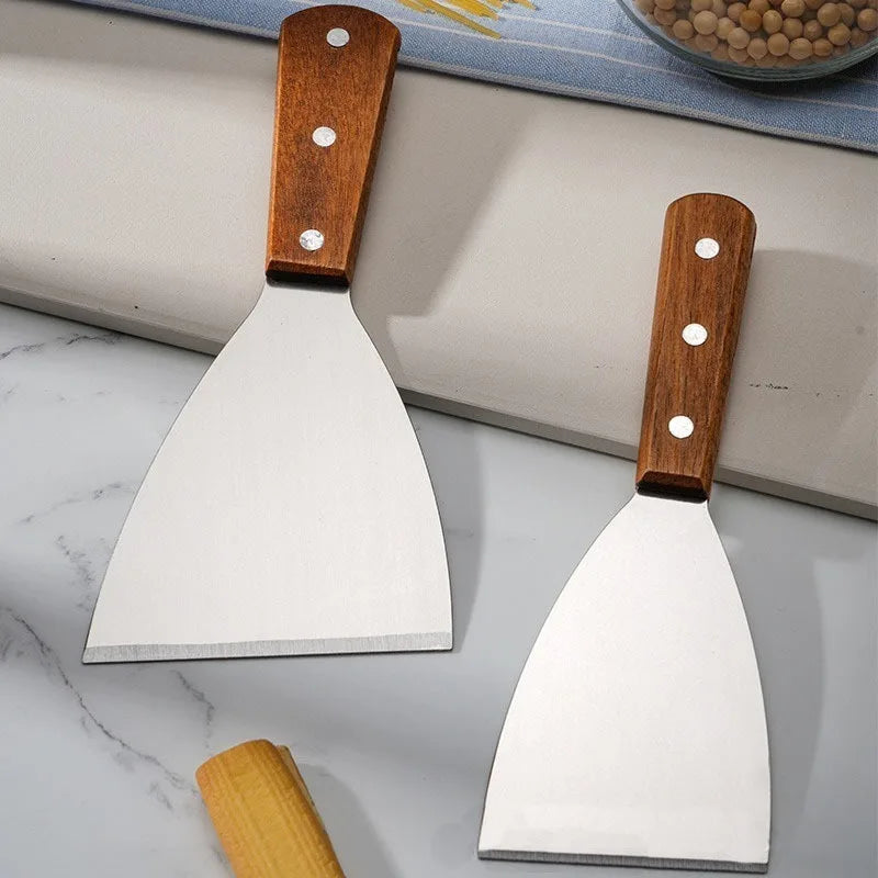 Wooden Handle Stainless Steel Oblique Spatula Steak Burger