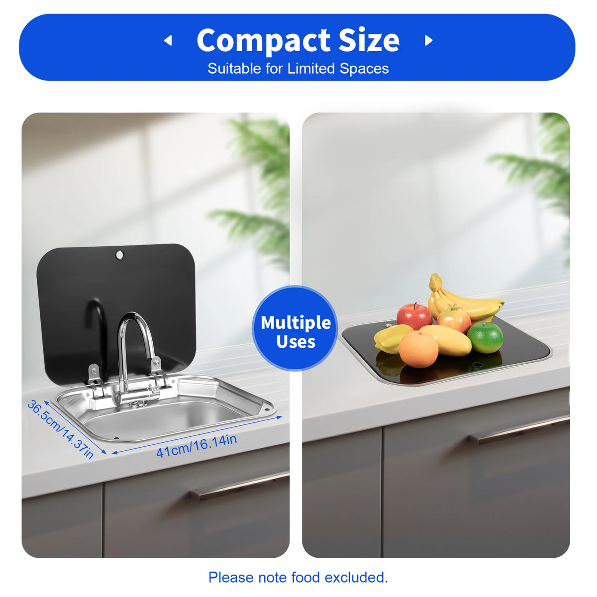 Rv Sink Foldable Tempered Glass Cover&Faucet Stainless Steel