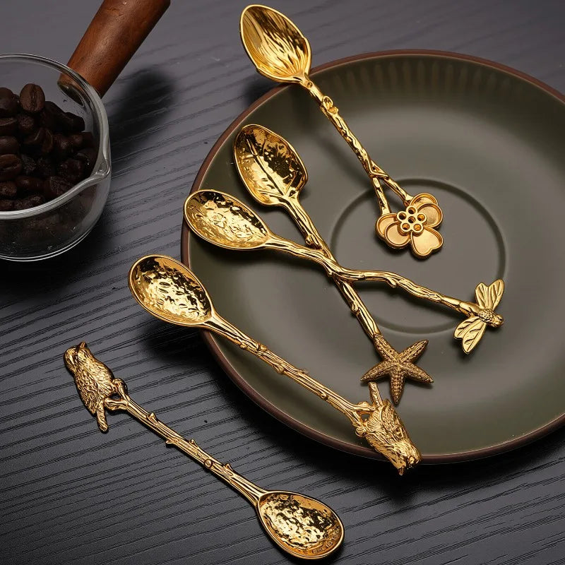 Retro Metal Coffee Spoon Dragonfly Branches Leaves Shape