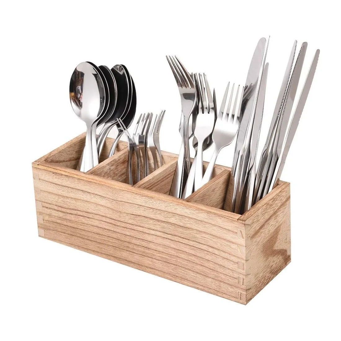 Wood Cutlery Caddy Utensil Organizer Compartments Silverware
