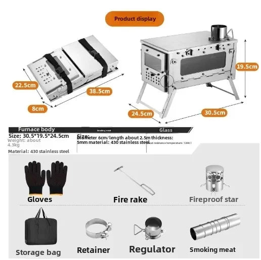 430 Stainless Steel Tent Stove Foldable Side Glass