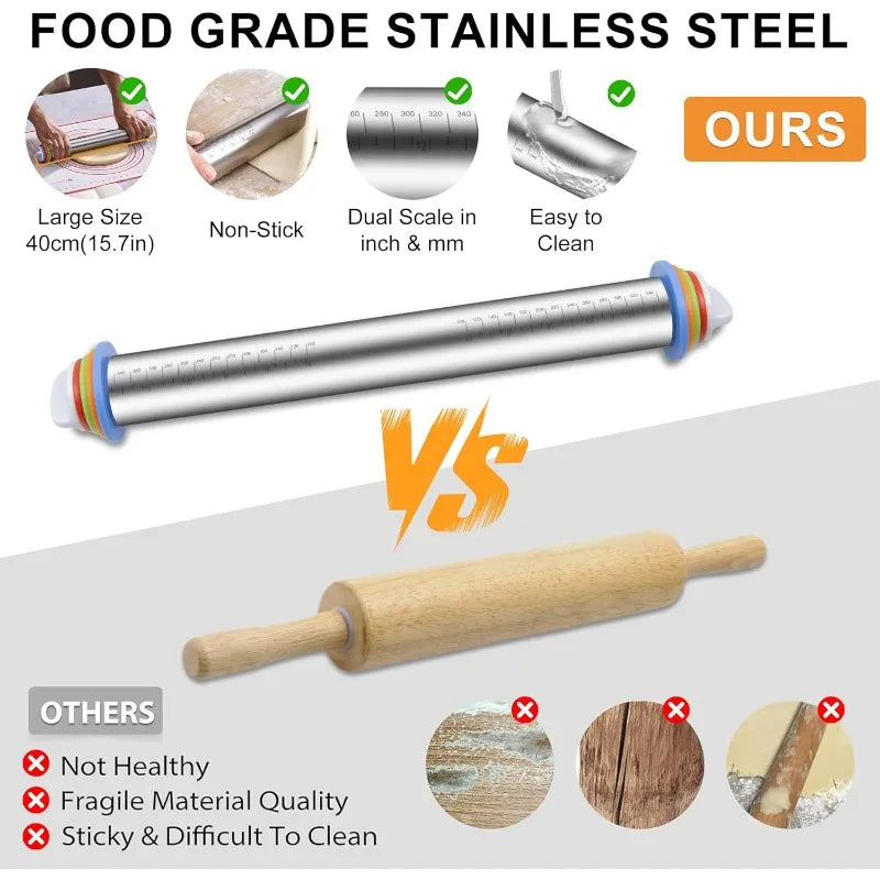 Adjustable Stainless Steel Rolling Pin Non-Stick Pastry Mat