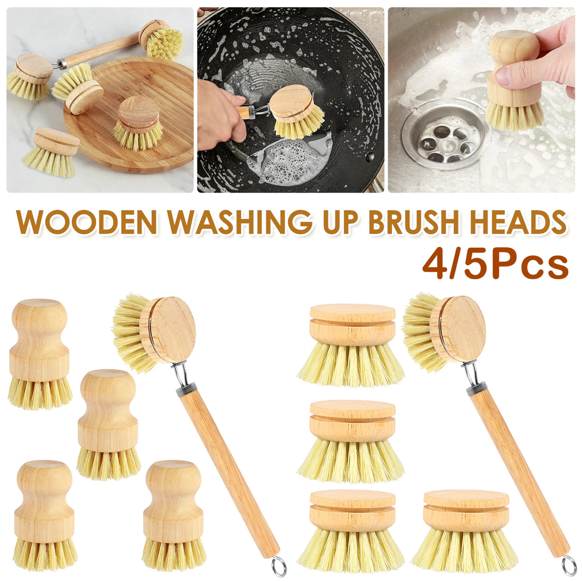 3/4/5/10pcs Bamboo Dish Scrub Brushes Replaceable Dish Brush