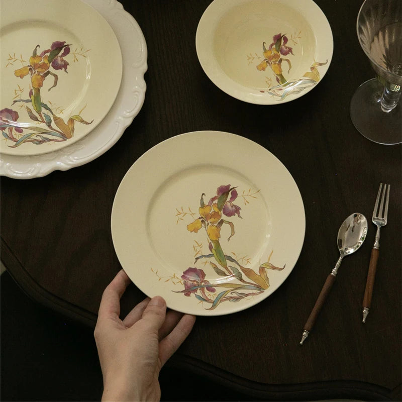 Ceramic Dinner Plate French Iris Dessert Bowl Dishes