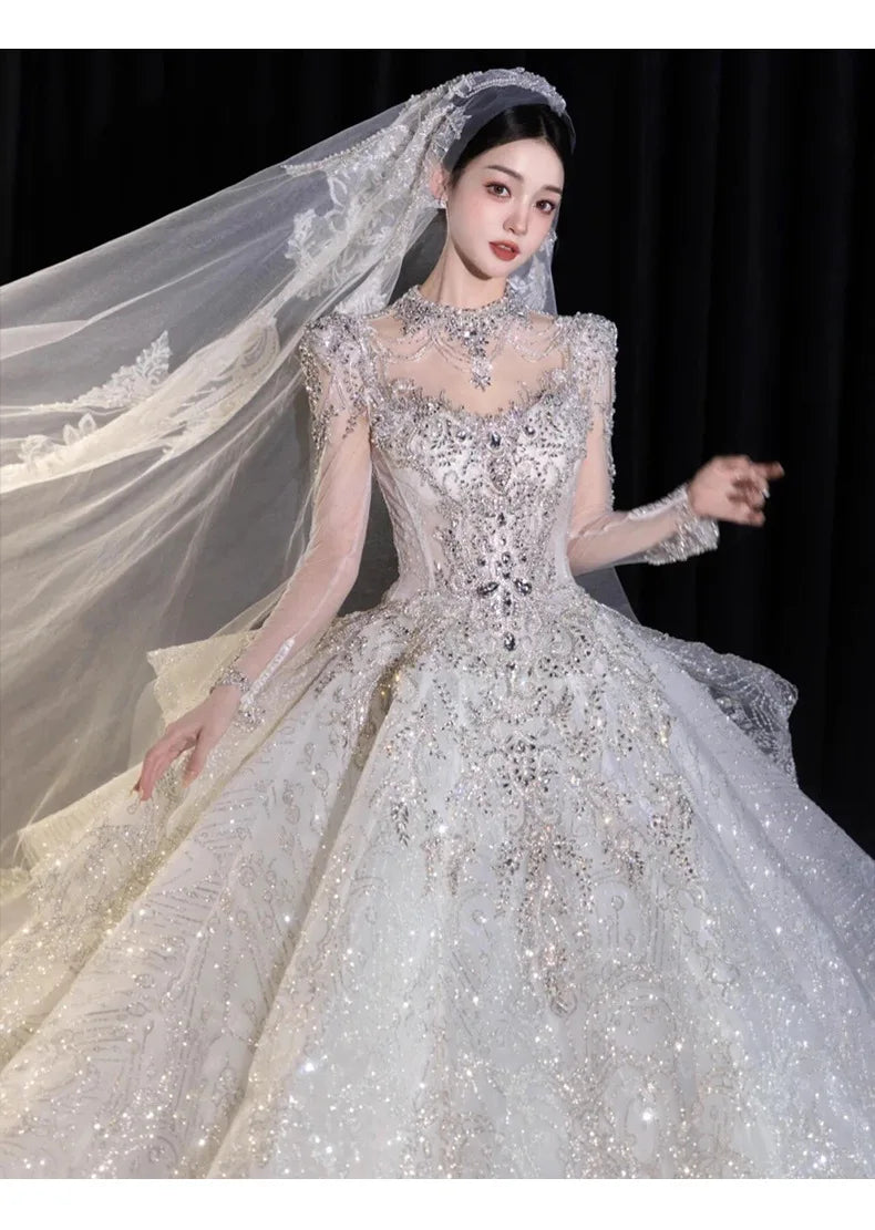 Full Sleeve Wedding Dresses Shinny Wedding Dress Classic