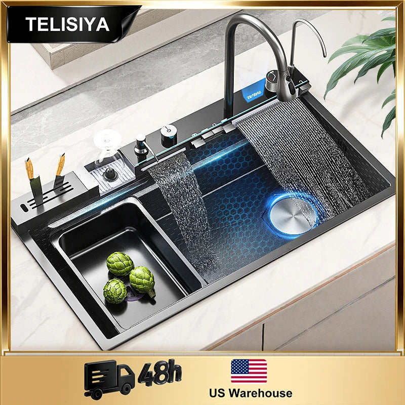 Stainless Steel Sink Digital Display Waterfall Large Slot
