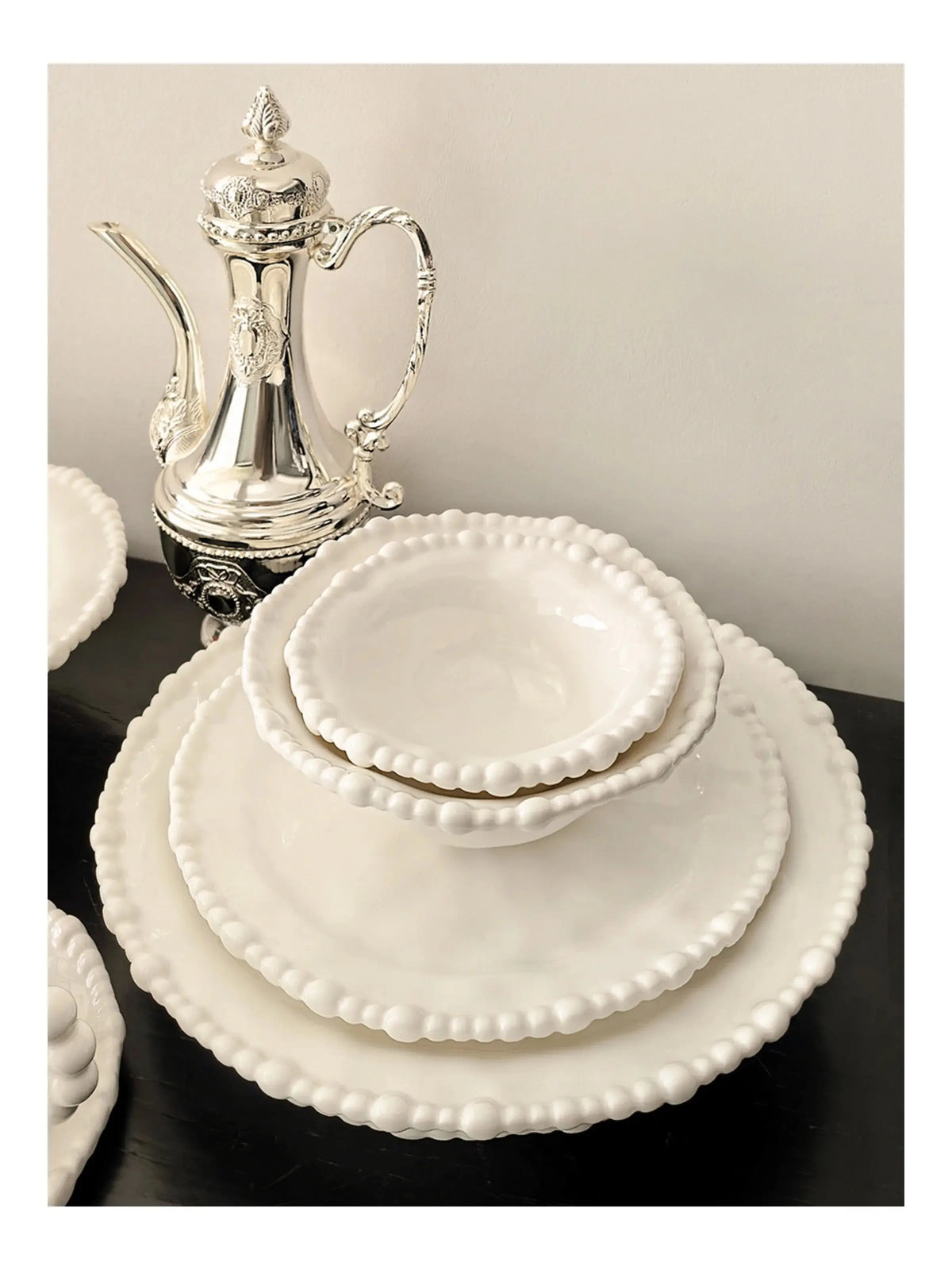 White Beaded 10 Ceramic Dinnerware Shallow Plates Scratch