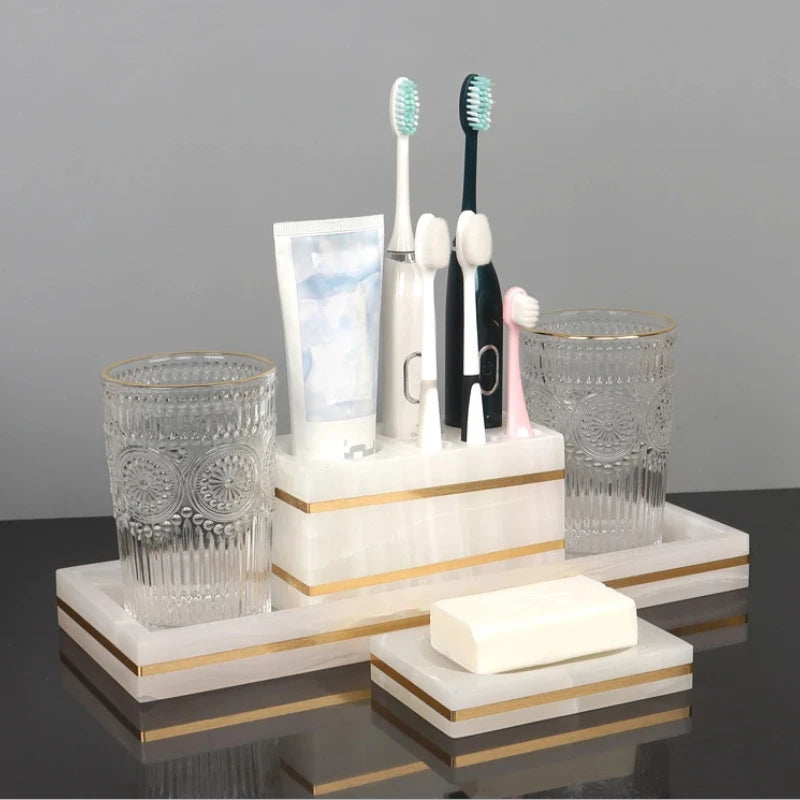 Natural Marble Bathroom Luxury Golden Soap Dispenser Toothbrush