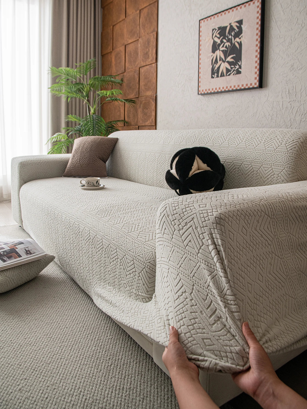Polar Fleece Jacquard Sofa Cover Geometric Pattern High