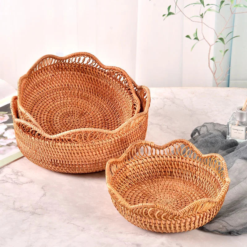 Round Rattan Fruit Basket Wicker Woven Snack Tray