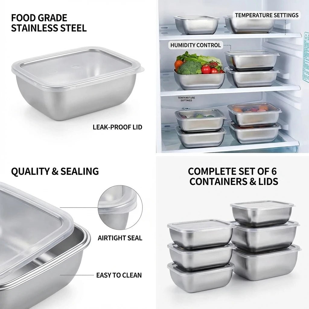 5pcs Stainless Steel Food Storage Containers Stackable Meal